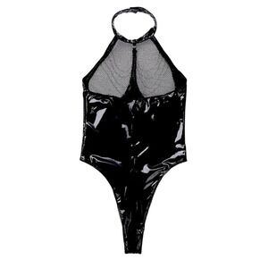 Amazon Black Patent Vinyl Mesh Halter Bodysuit